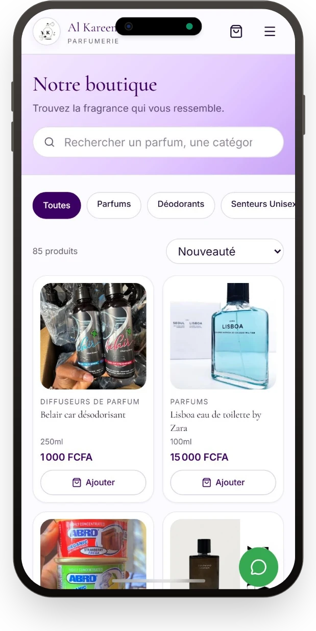 Mockup iPhone de la page Boutique d’Al Kareem Parfumerie, réalisé avec PitchMySite